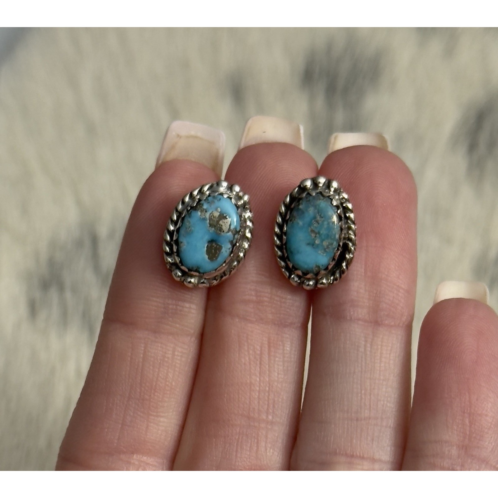 Sterling Silver Blue Bird Turquoise 925 Oval Braided Stud Post Earrings